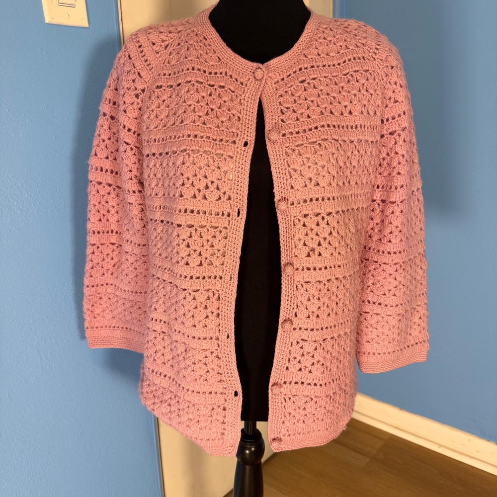 Vintage Pink 100% Wool Crochet Knit Cardigan Lined Cottagecore Granny Sweater